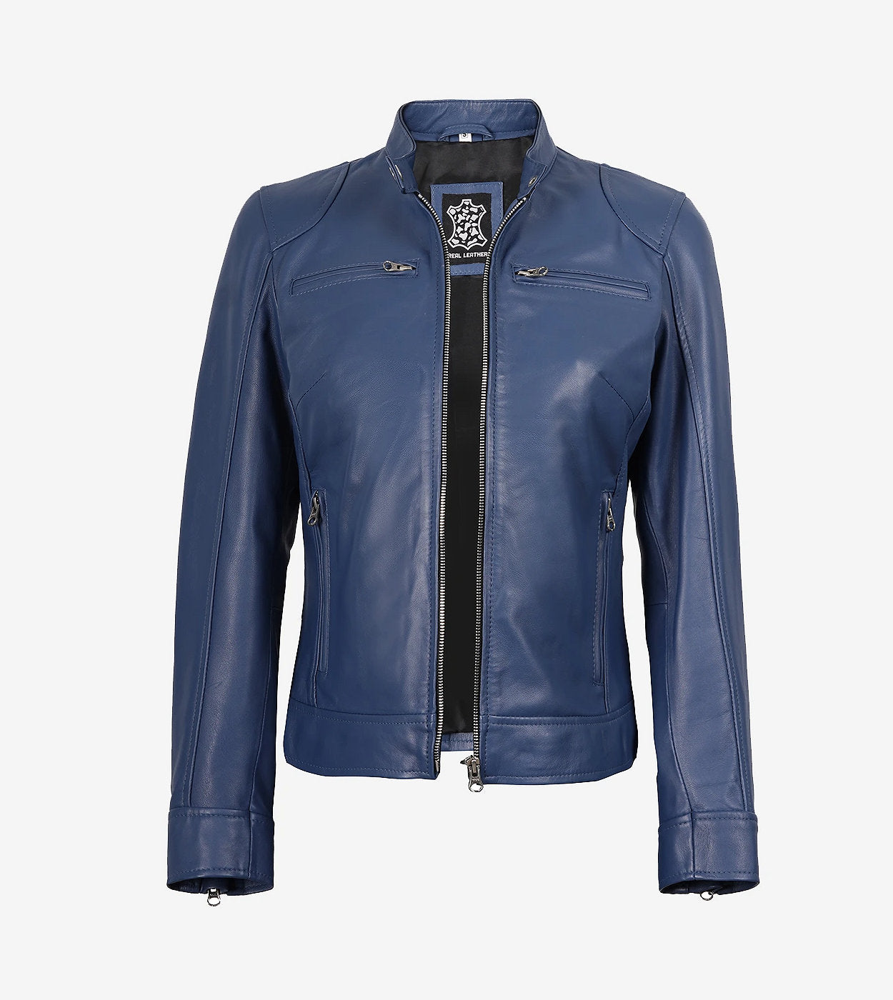 Women'S Blue Biker Style Leather Jacket - Modern Fit