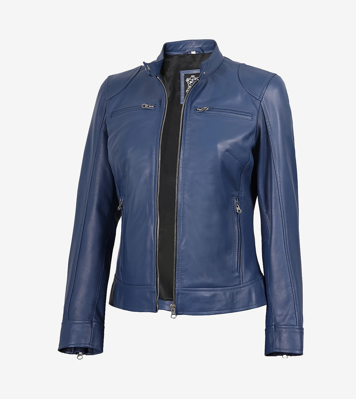 Women'S Blue Biker Style Leather Jacket - Modern Fit