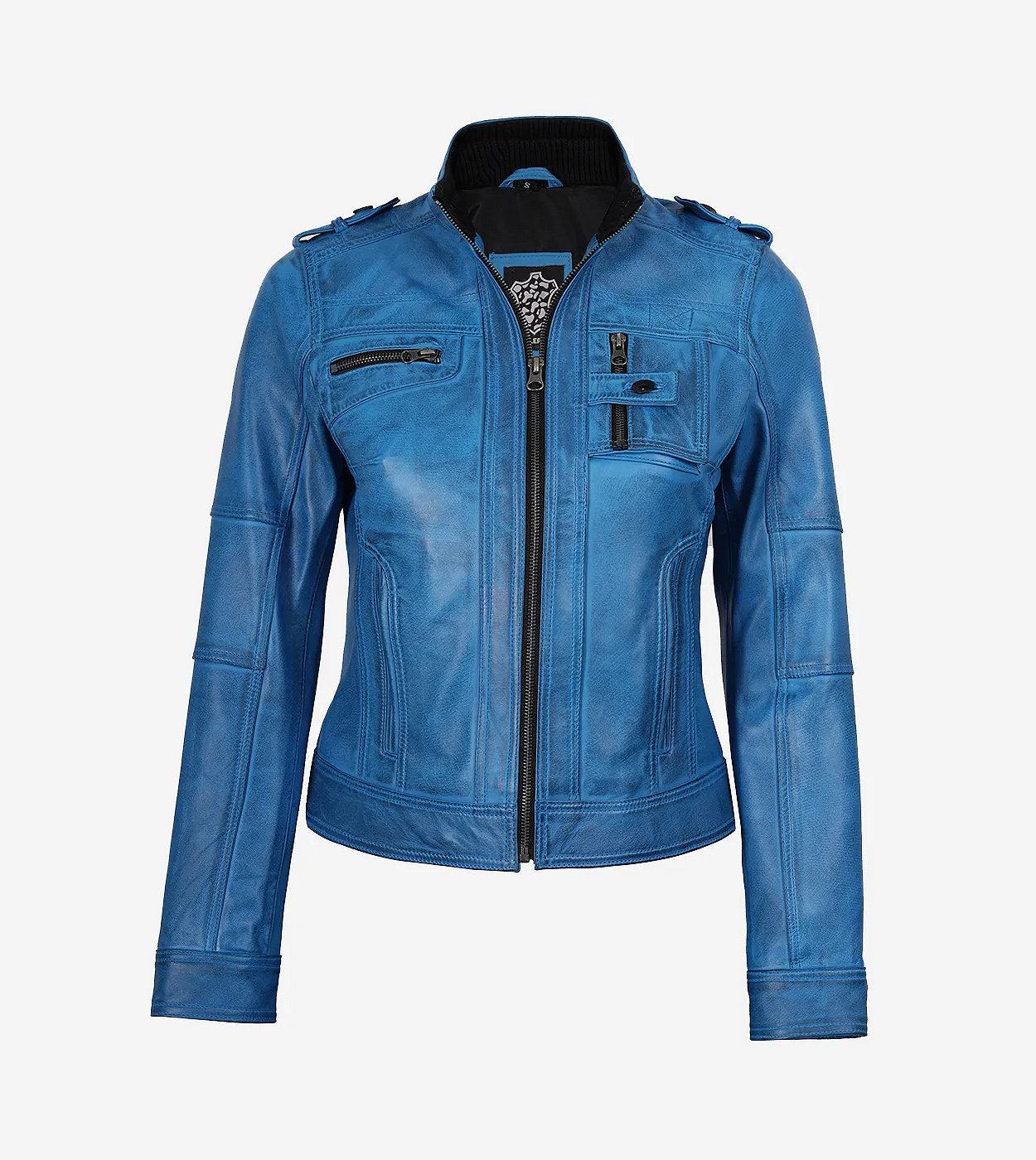 Women'S Blue Waxed Lambskin Leather Biker Jacket