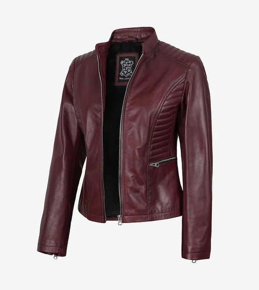 Women'S Burgundy Leather Café Racer Jacket