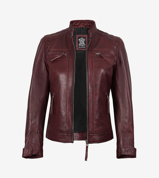 Women'S Burgundy Real Lambskin Leather Biker Style Jacket