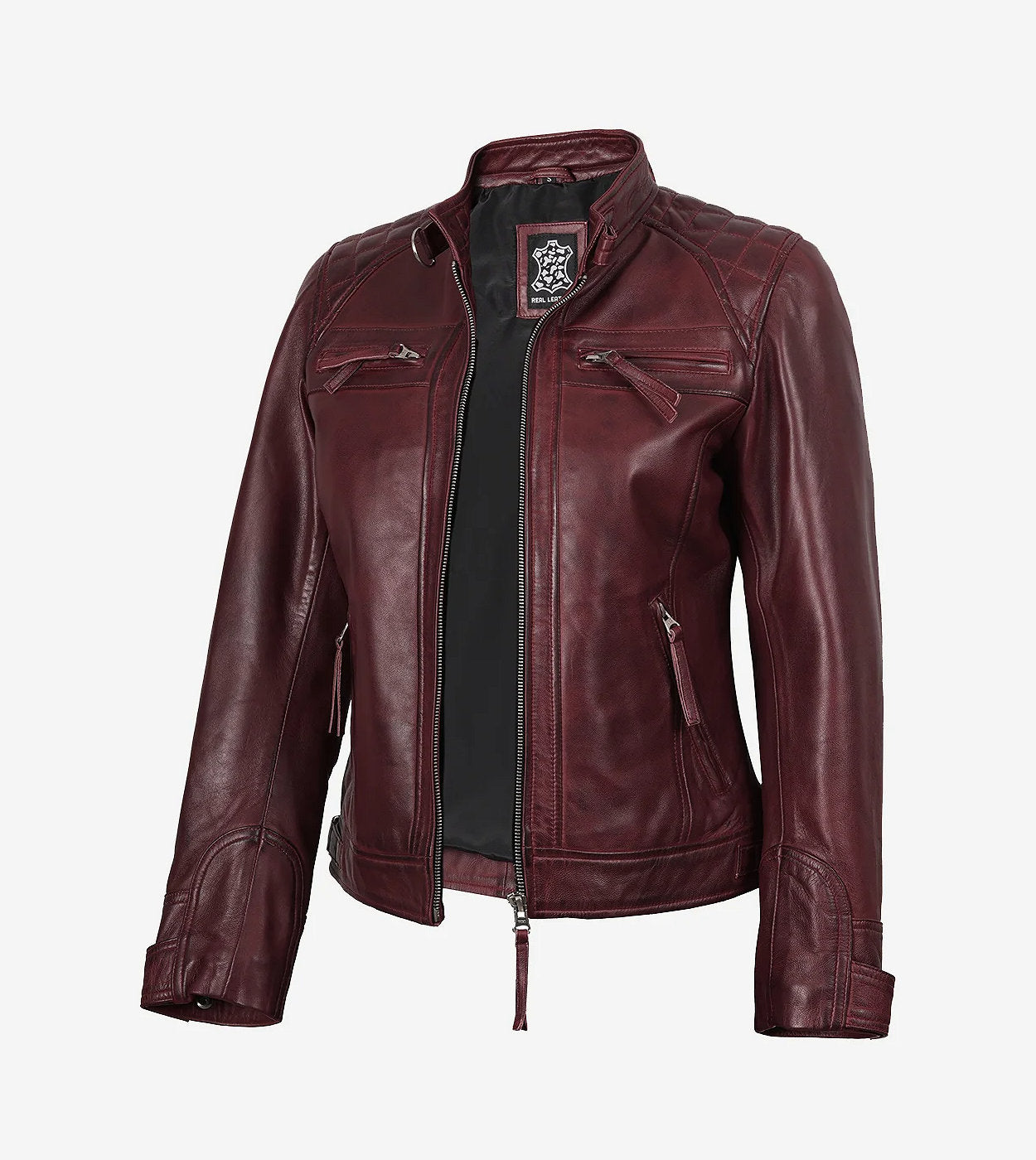 Women'S Burgundy Real Lambskin Leather Biker Style Jacket