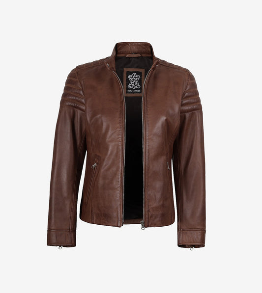 Women'S Cognac Cafe Racer Leather Jacket