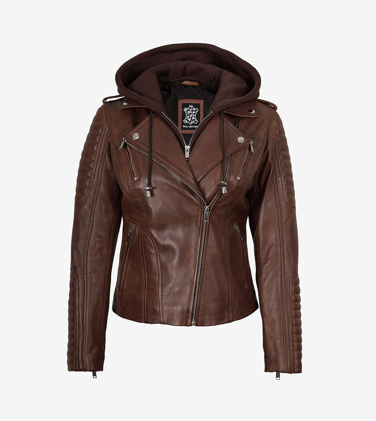 Women'S Cognac Motorcycle Leather Jacket With Removable Hood