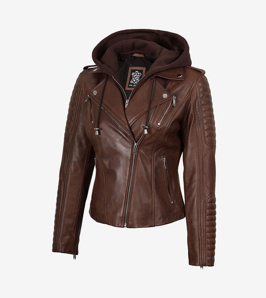 Women'S Cognac Motorcycle Leather Jacket With Removable Hood