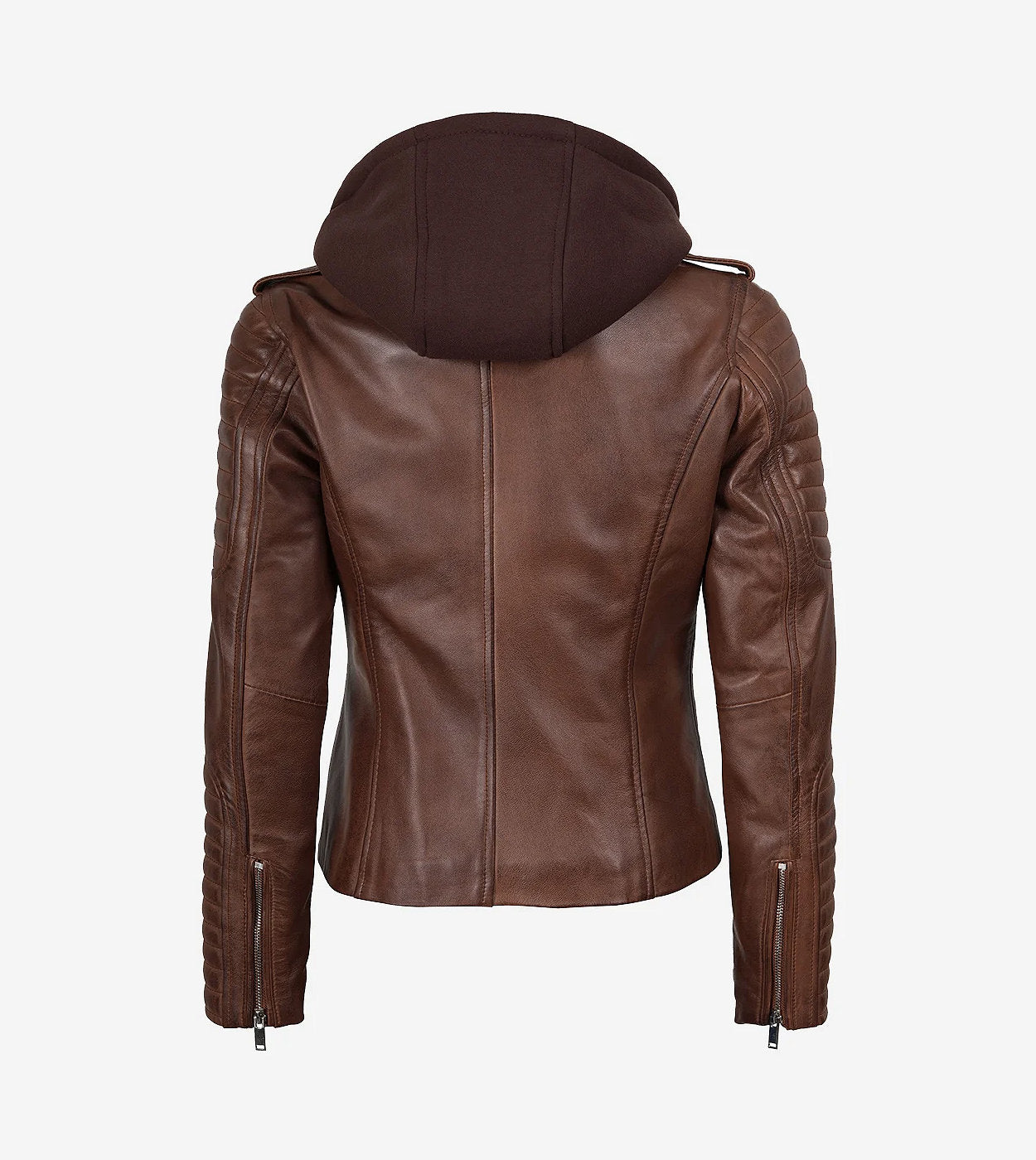 Women'S Cognac Motorcycle Leather Jacket With Removable Hood