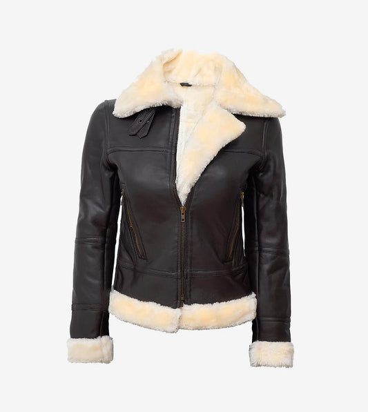 Women'S Dark Brown B3 Leather Bomber Shearling Jacket