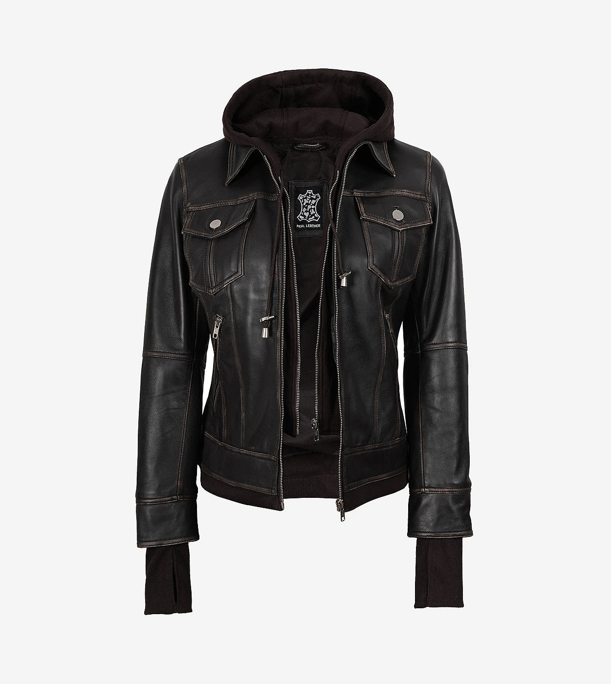 Women'S Distressed Brown Bomber Leather Jacket With Removable Hood
