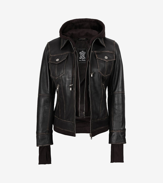 Women'S Distressed Brown Bomber Leather Jacket With Removable Hood