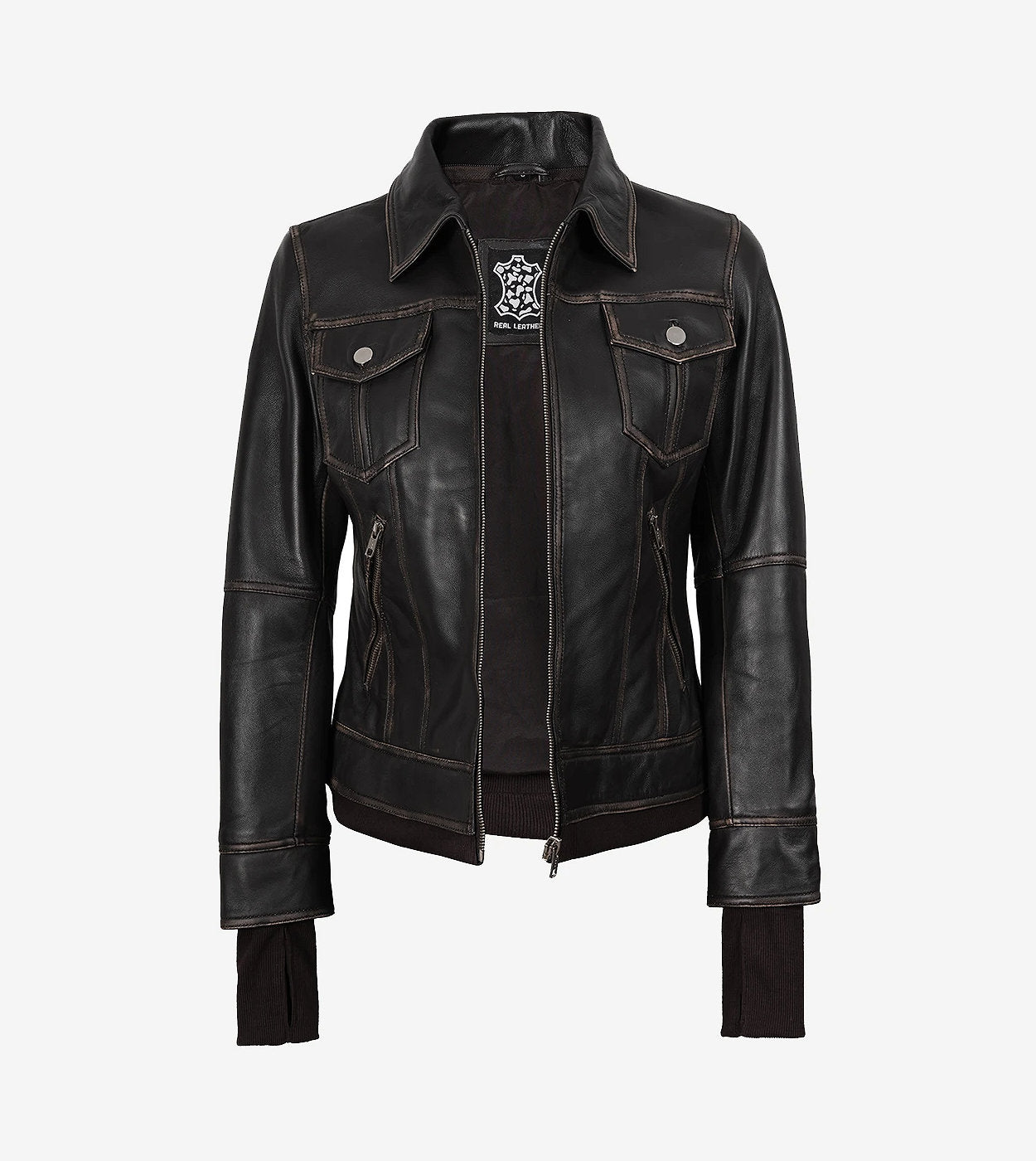 Women'S Distressed Brown Bomber Leather Jacket With Removable Hood