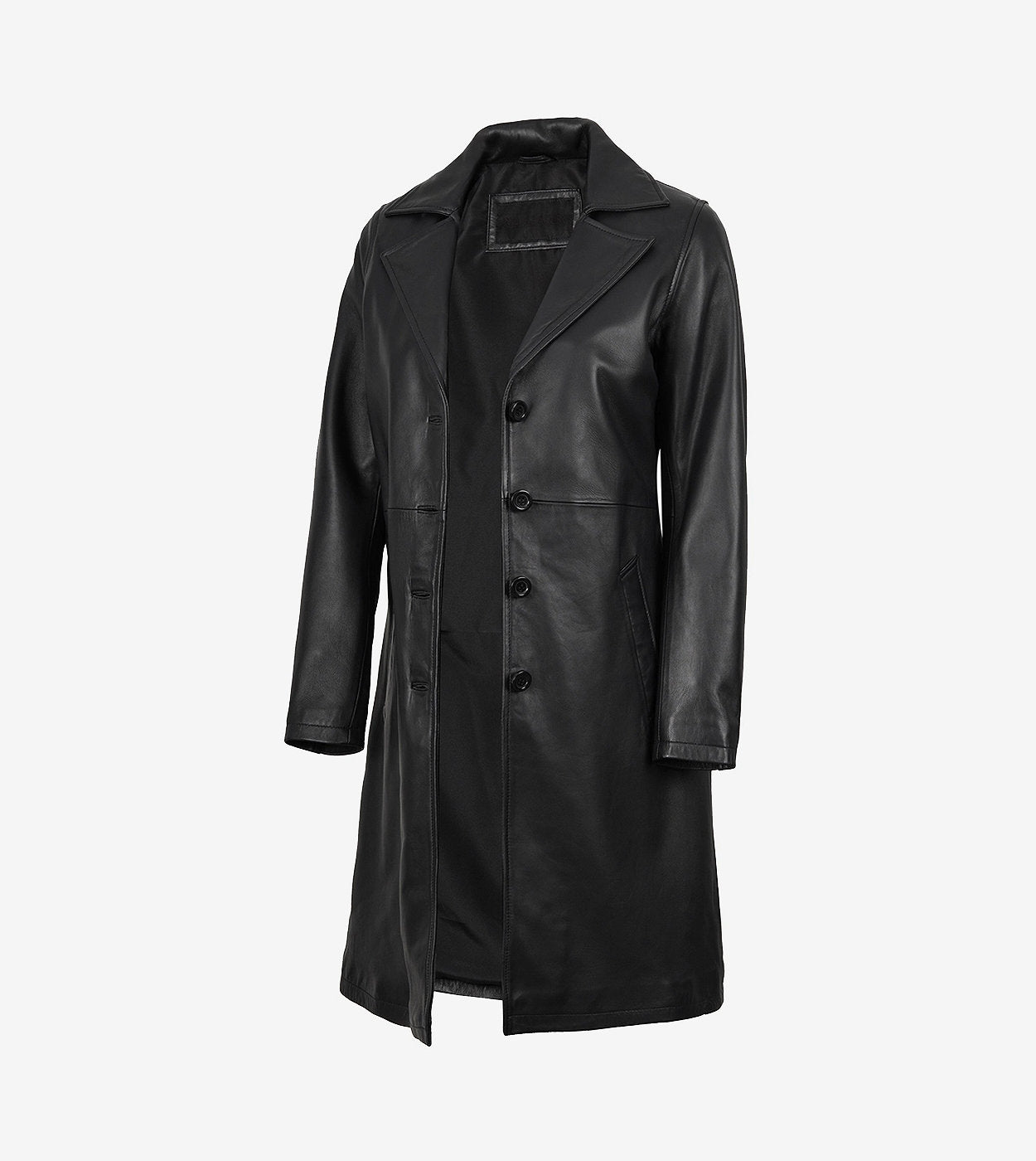 Women'S Long Black Leather Car Coat - Notch Lapel