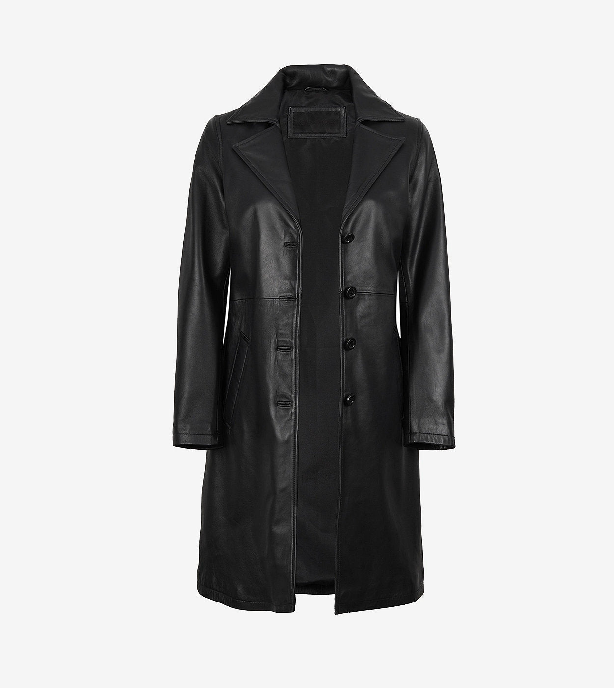 Women'S Long Black Leather Car Coat - Notch Lapel