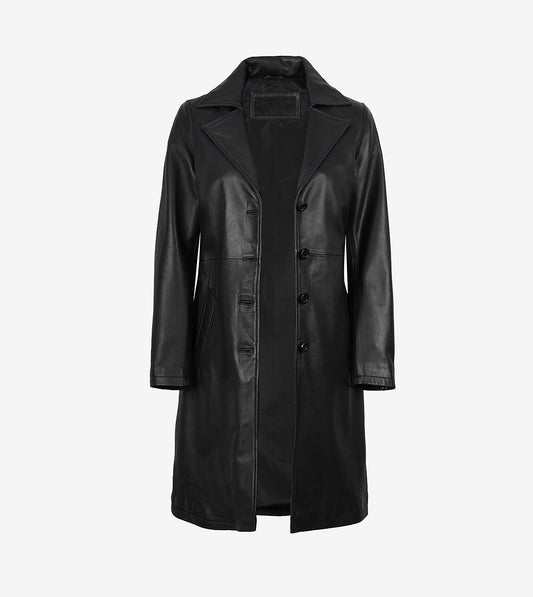 Women'S Long Black Leather Car Coat - Notch Lapel