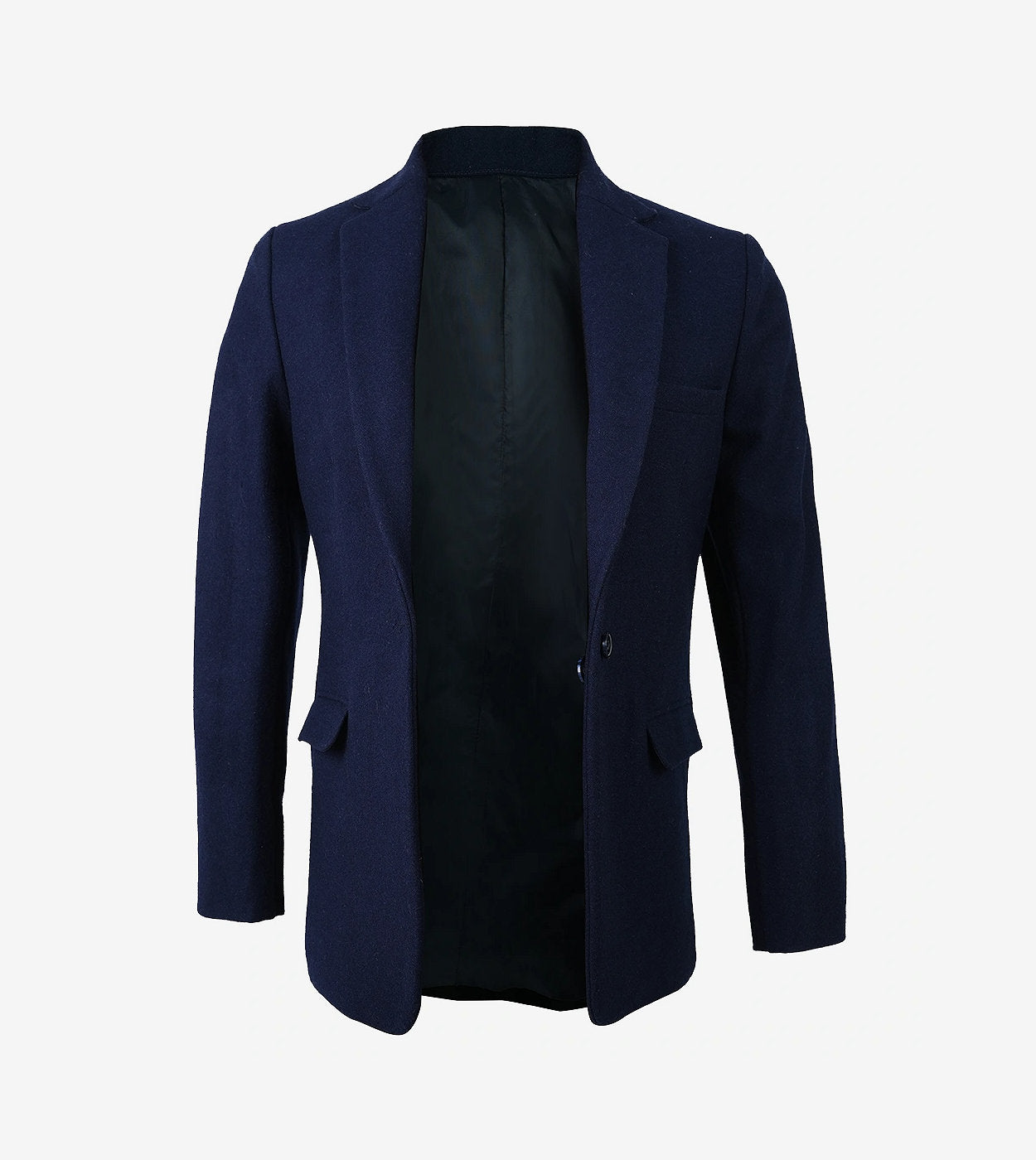 Women'S Notch Lapel Navy Blue Wool Blazer - Single Button Closure