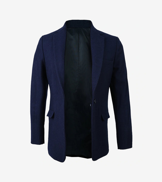 Women'S Notch Lapel Navy Blue Wool Blazer - Single Button Closure