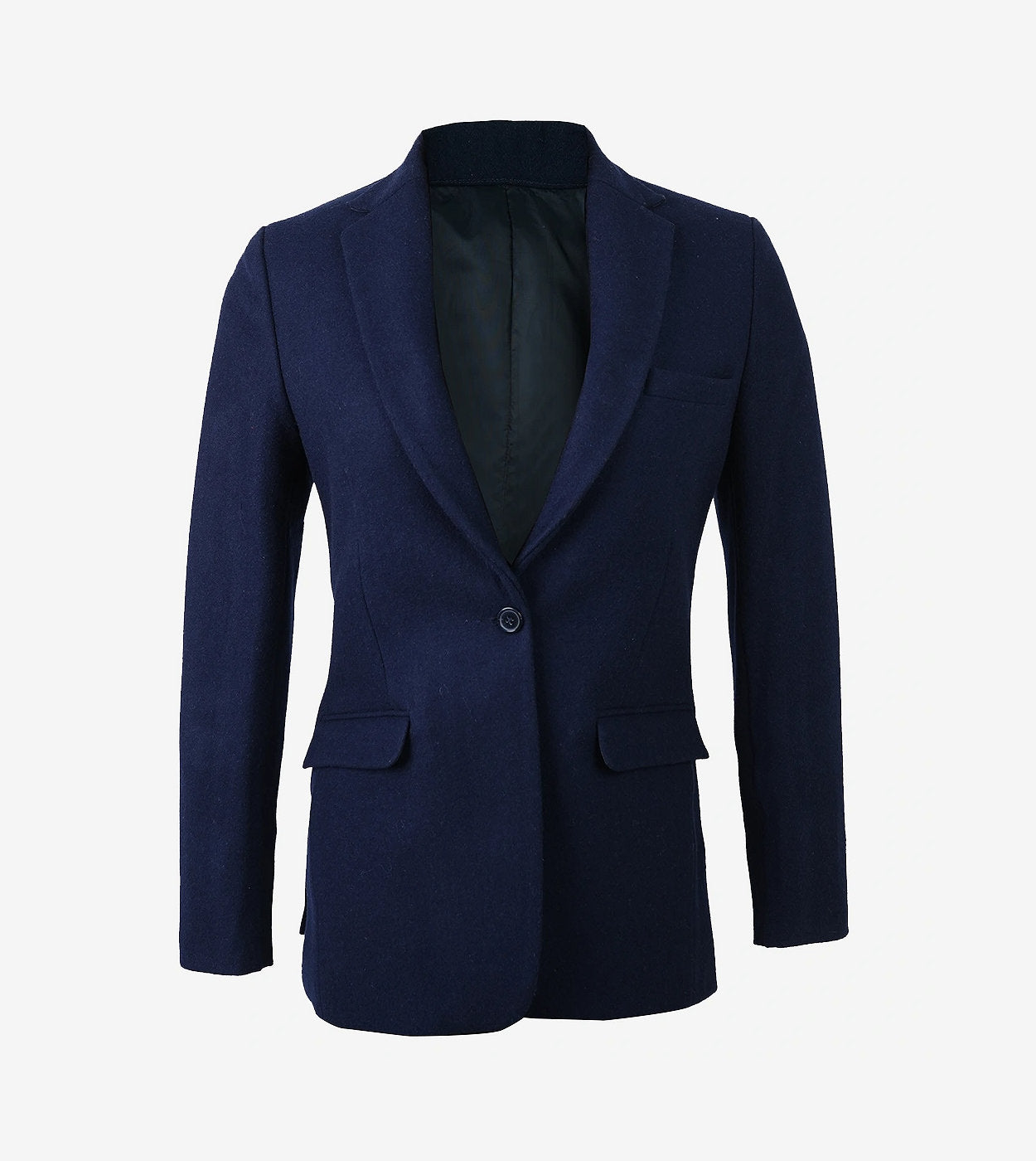 Women'S Notch Lapel Navy Blue Wool Blazer - Single Button Closure