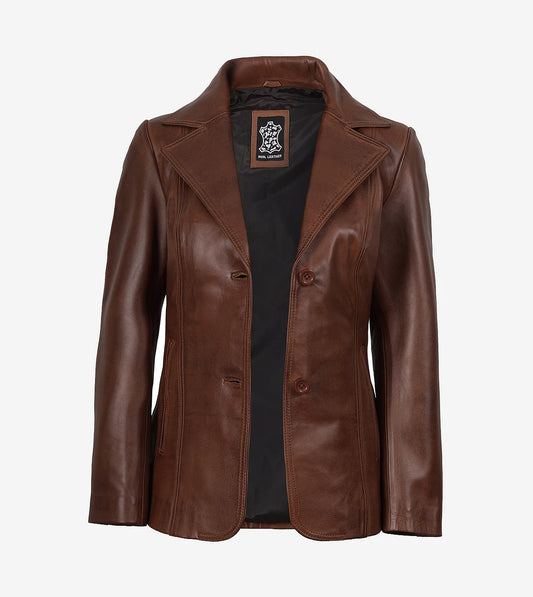 Women'S Notch Lapel Two Button Cognac Leather Blazer