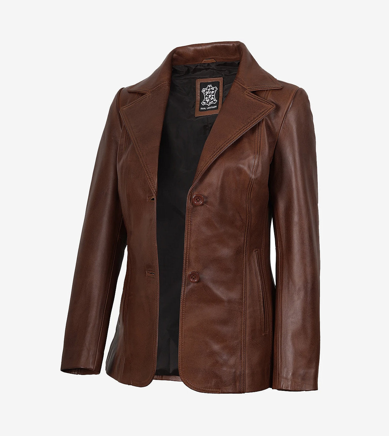 Women'S Notch Lapel Two Button Cognac Leather Blazer