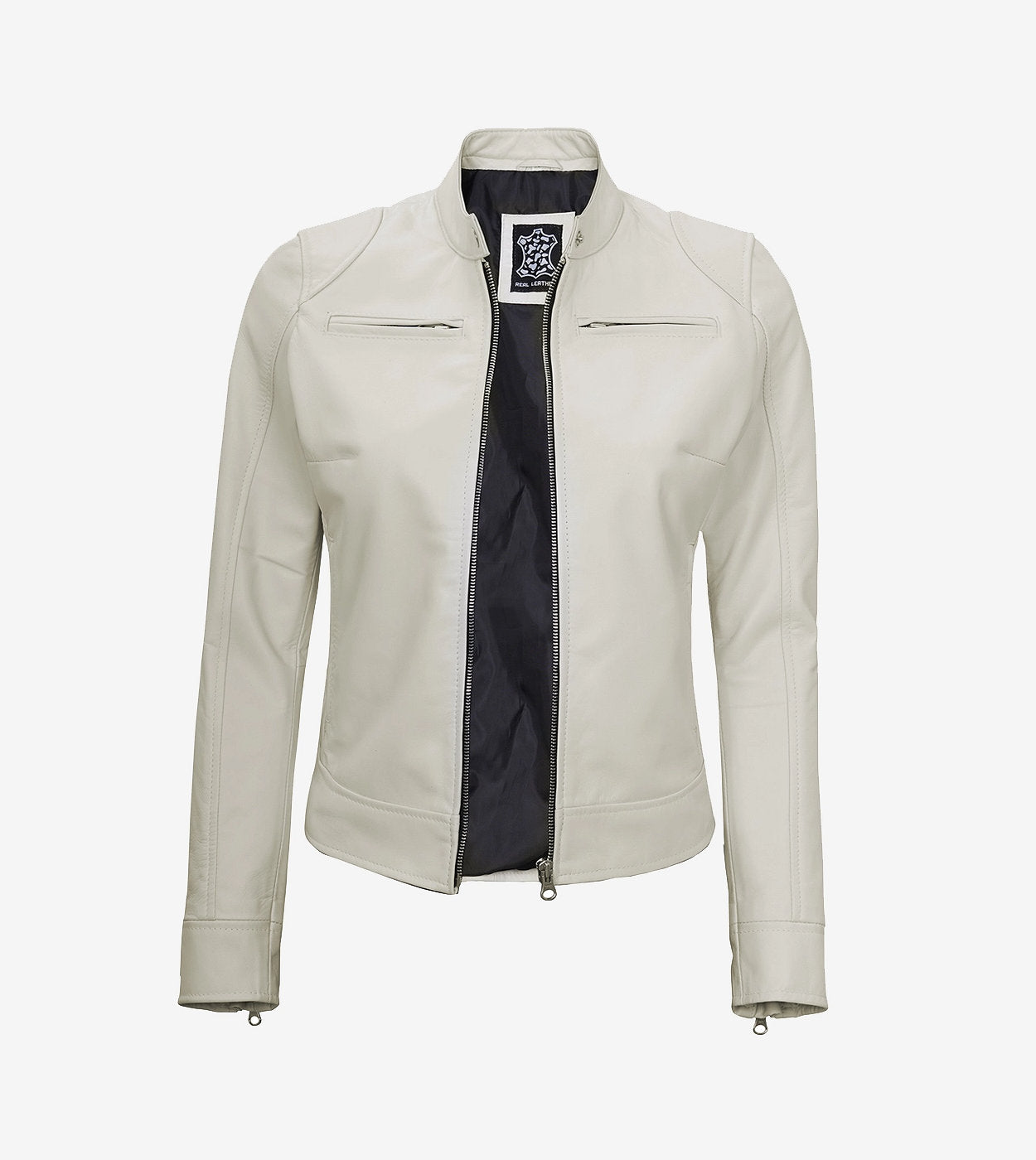 Women'S Off White Cafe Racer Leather Jacket