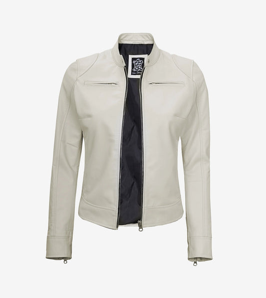 Women'S Off White Cafe Racer Leather Jacket