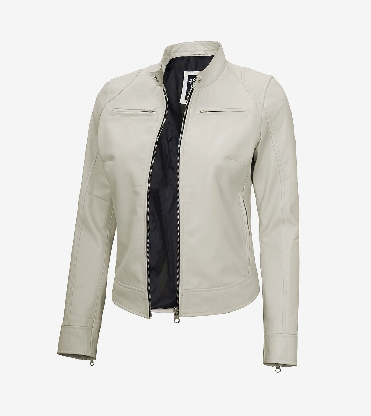 Women'S Off White Cafe Racer Leather Jacket