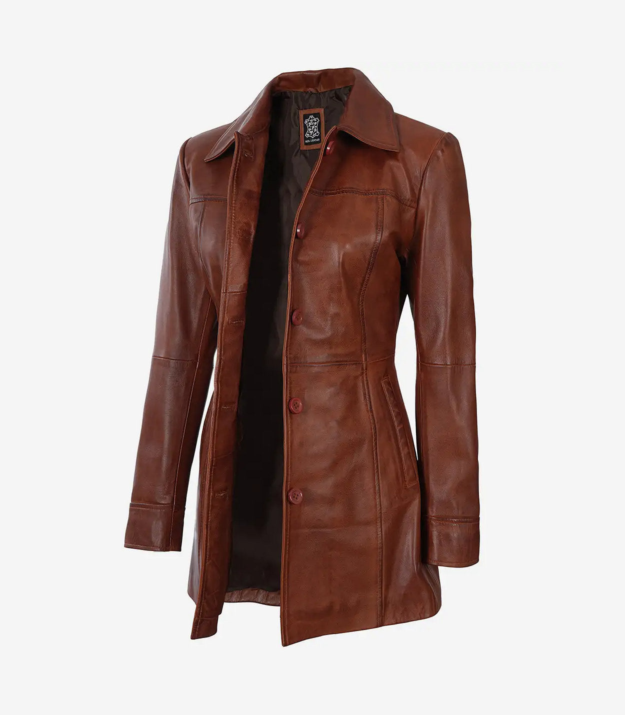 Women'S Petite Brown Wax Real Leather Car Coat