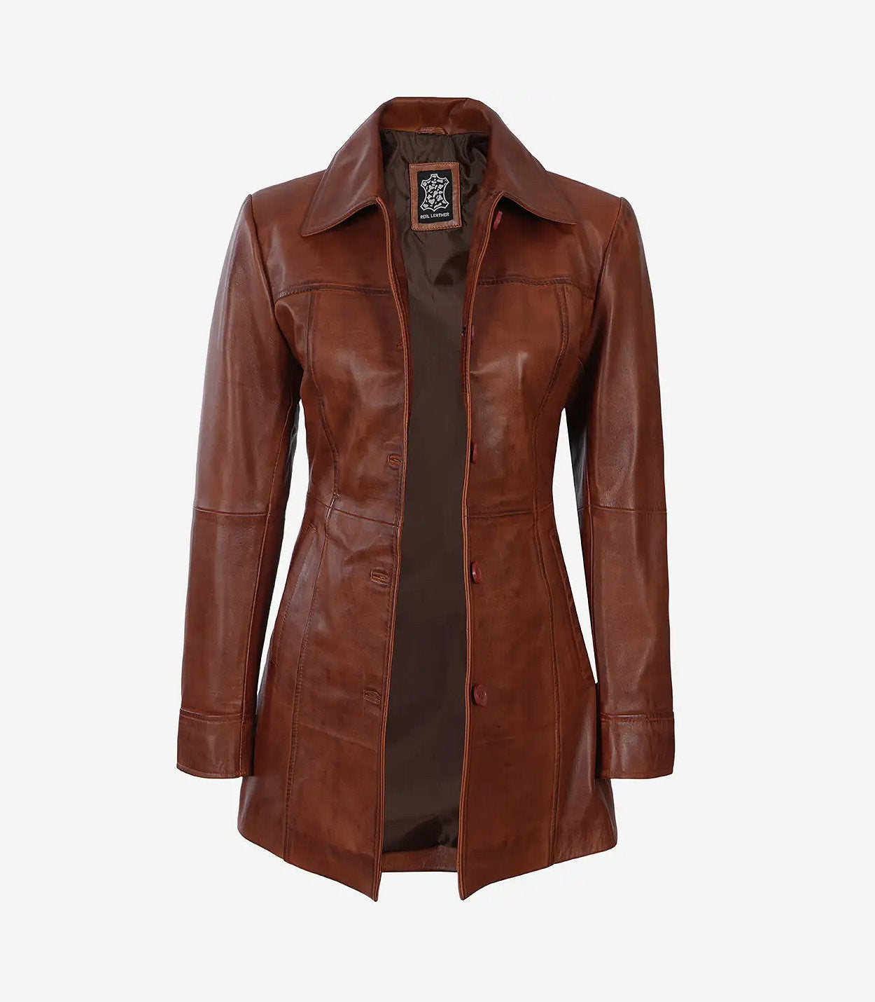 Women'S Petite Brown Wax Real Leather Car Coat