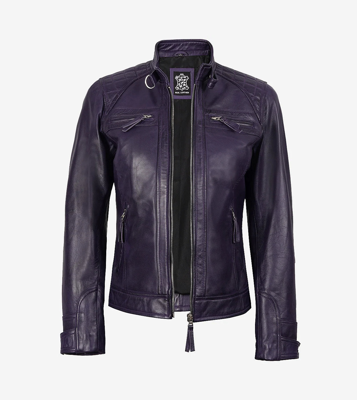 Women'S Purple Cafe Racer Leather Jacket - Quilted Shoulder