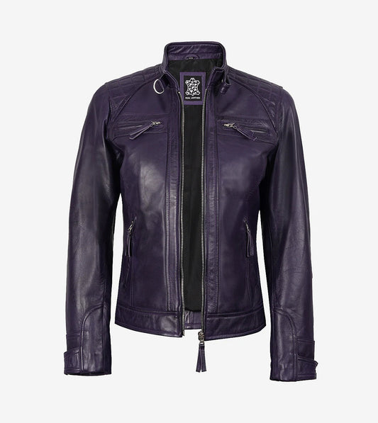 Women'S Purple Cafe Racer Leather Jacket - Quilted Shoulder
