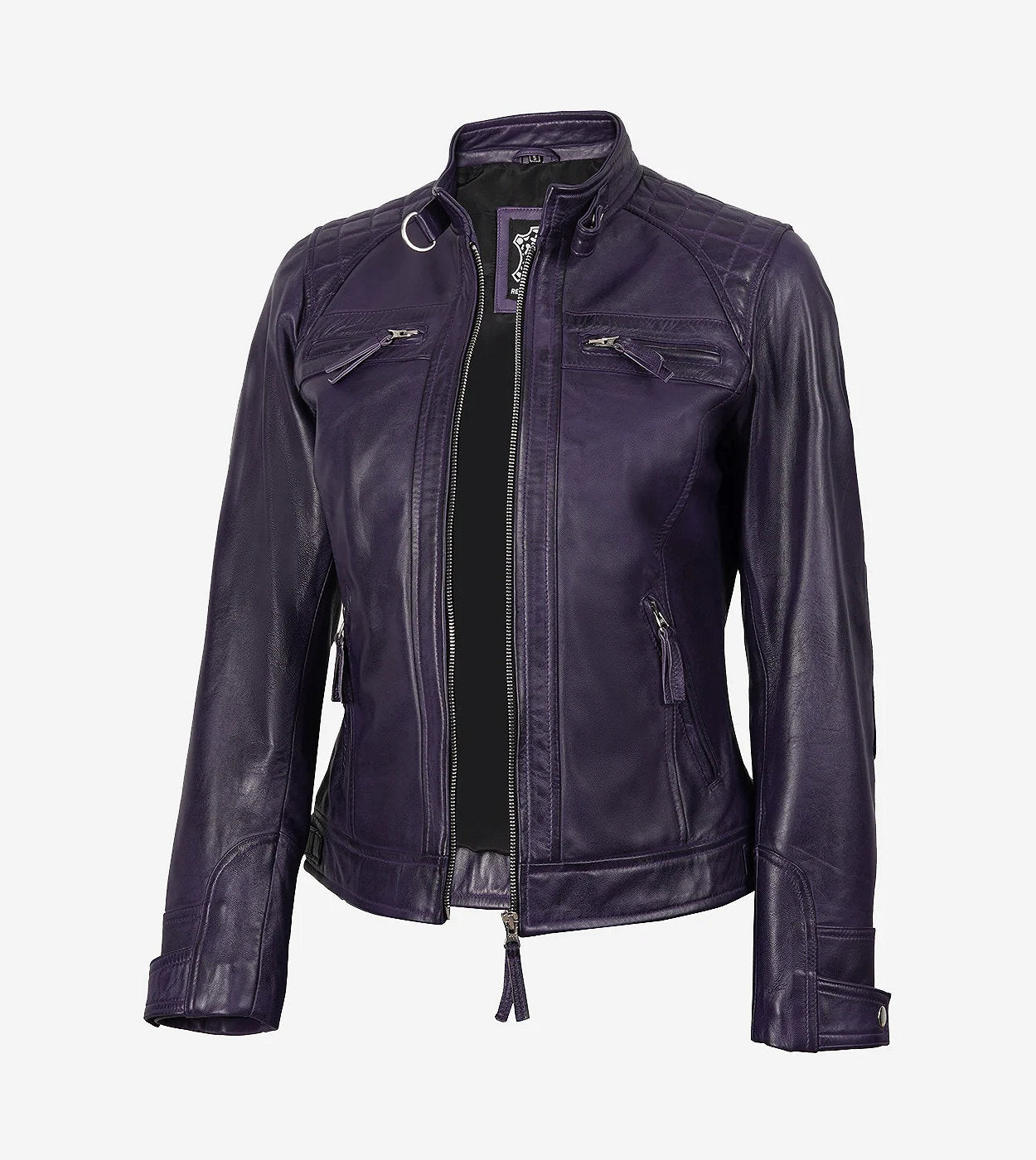 Women'S Purple Cafe Racer Leather Jacket - Quilted Shoulder