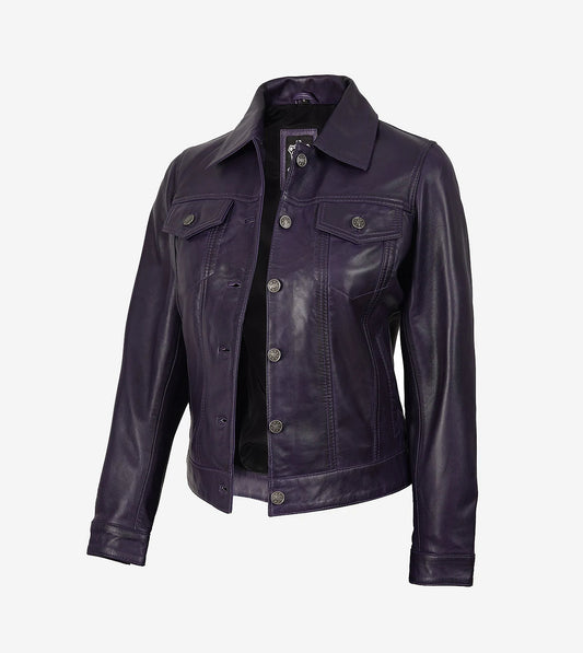 Women'S Purple Leather Trucker Jacket