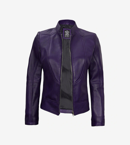 Women'S Purple Modern Fit Biker Leather Jacket