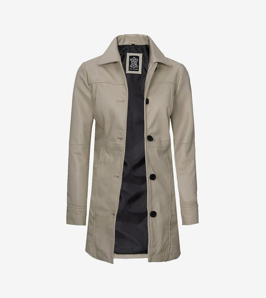 Women'S Real Lambskin Leather 3/4 Length Beige Coat