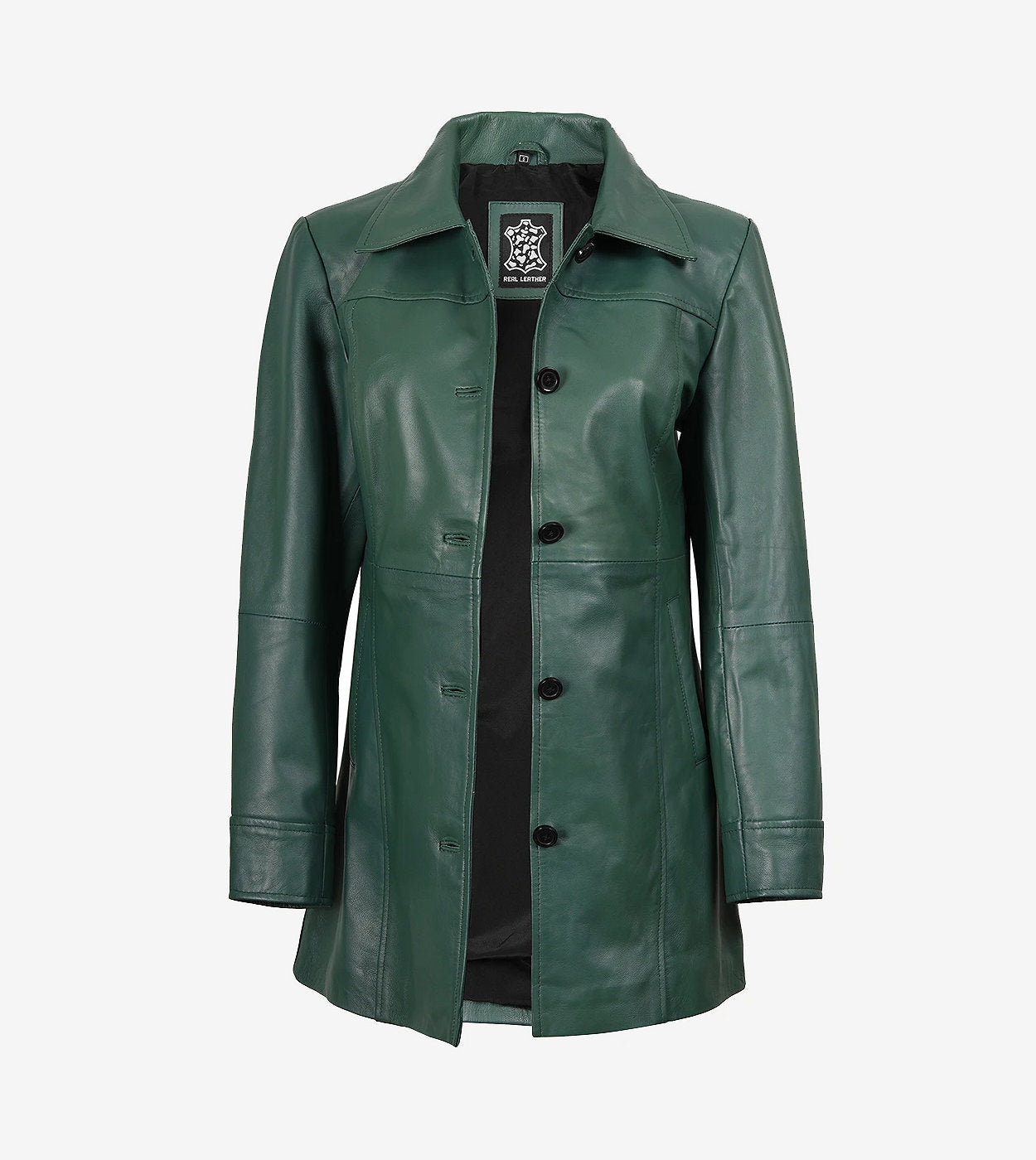 Women'S Real Leather 3/4 Length Button Down Green Coat