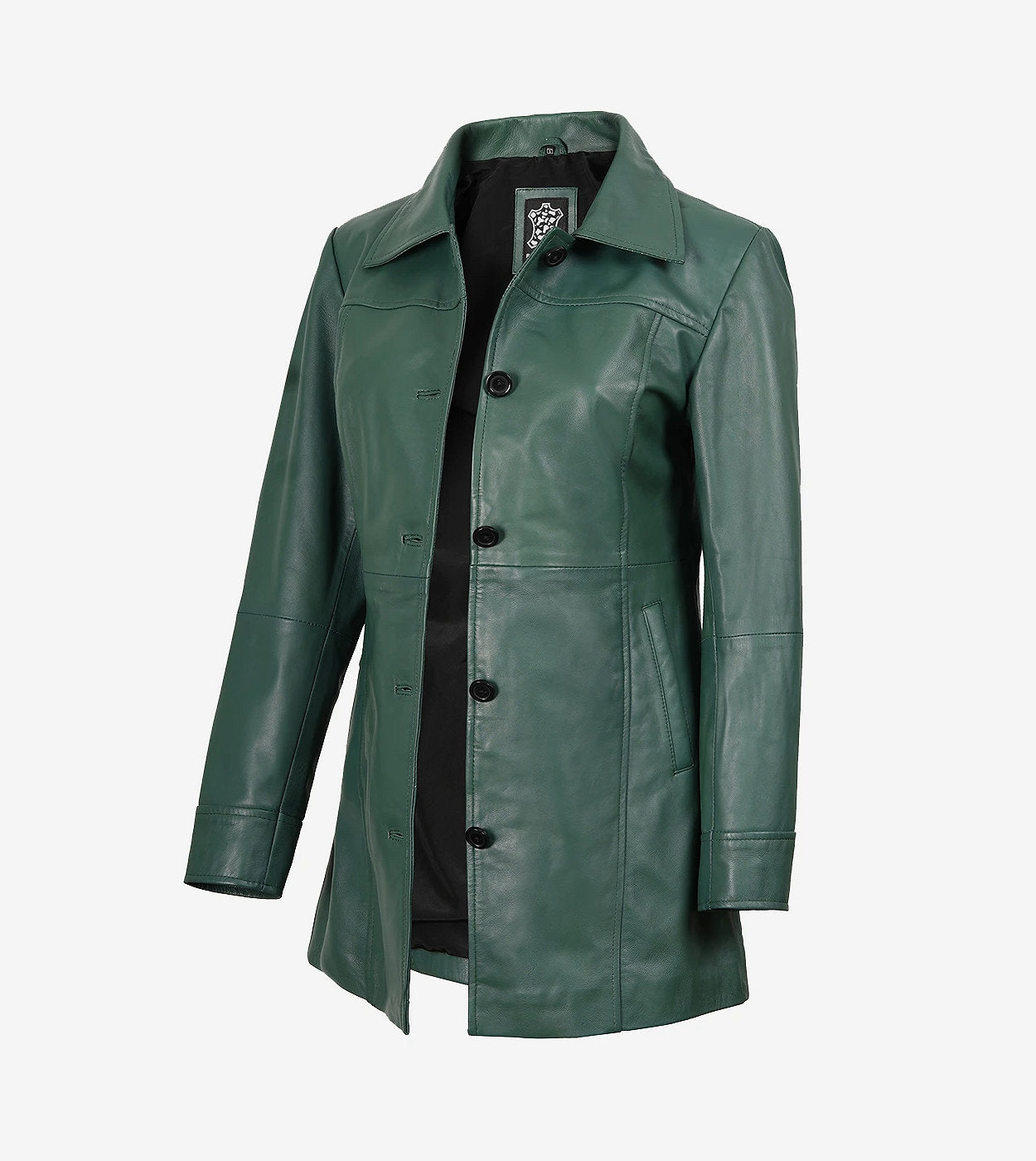 Women'S Real Leather 3/4 Length Button Down Green Coat