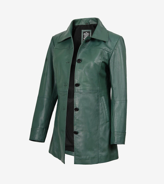 Women'S Real Leather 3/4 Length Button Down Green Coat