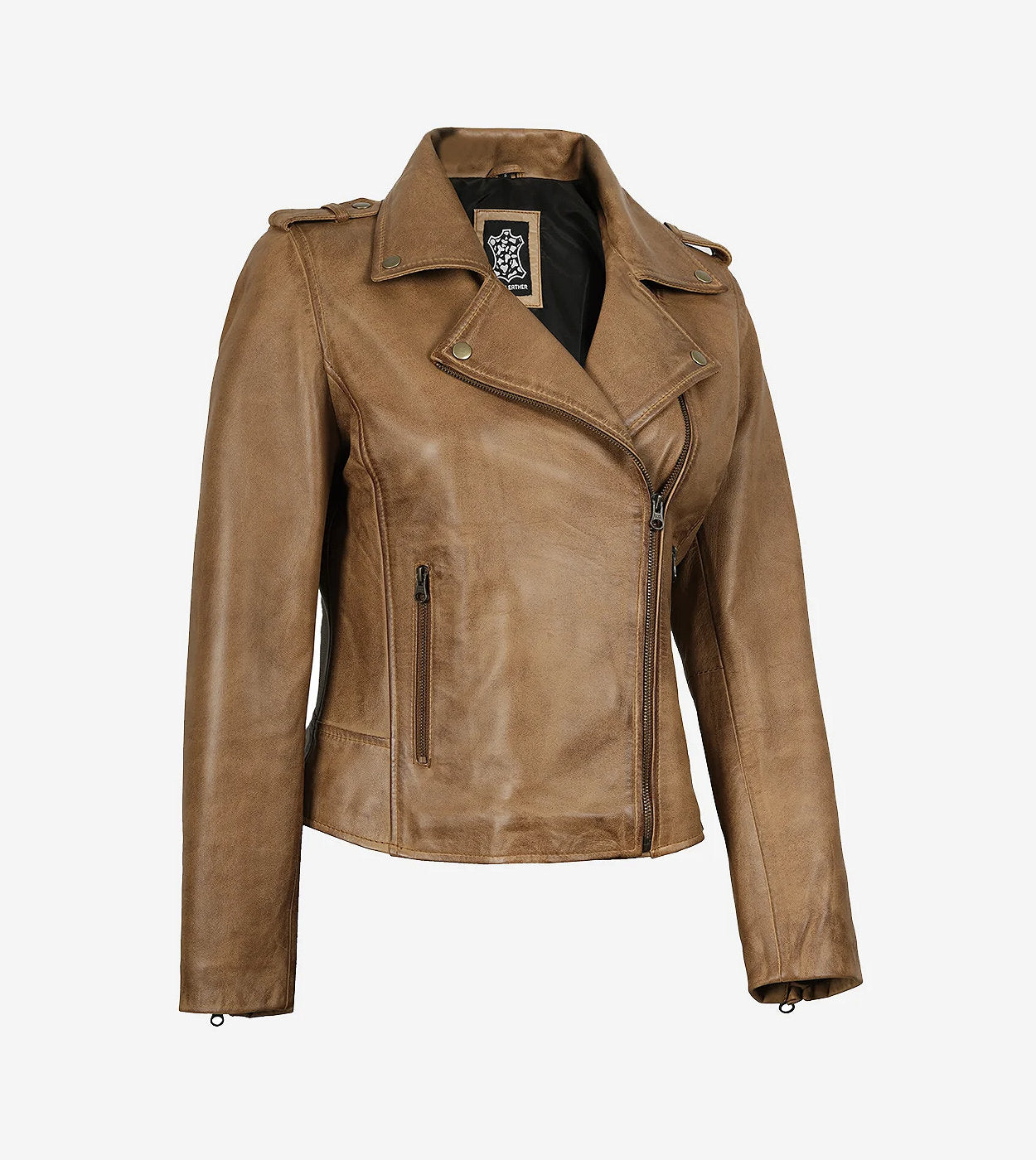 Women'S Real Leather Camel Brown Biker Style Jacket