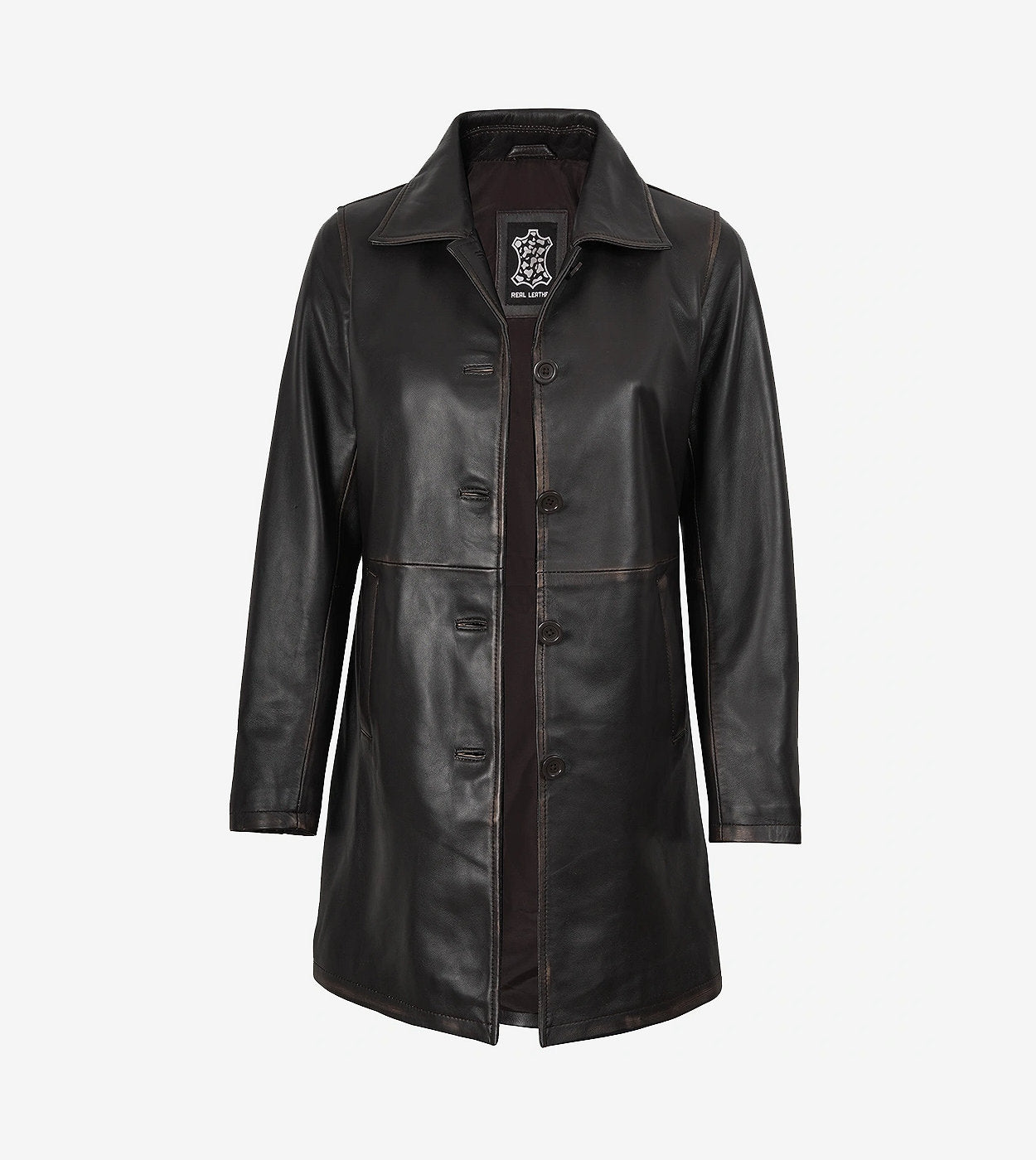 Women'S Real Leather Distressed Brown 3/4 Length Coat