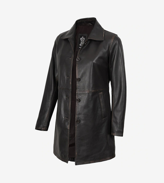 Women'S Real Leather Distressed Brown 3/4 Length Coat