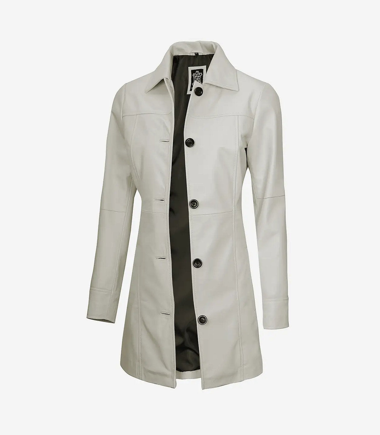 Women'S Real Leather Off White 3/4 Length Coat