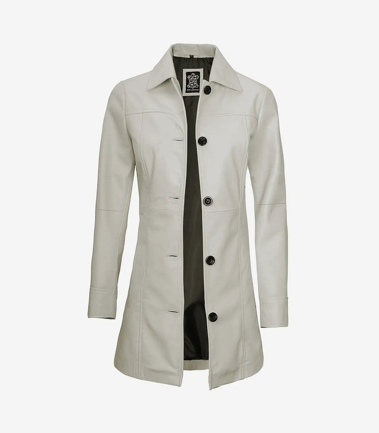 Women'S Real Leather Off White 3/4 Length Coat