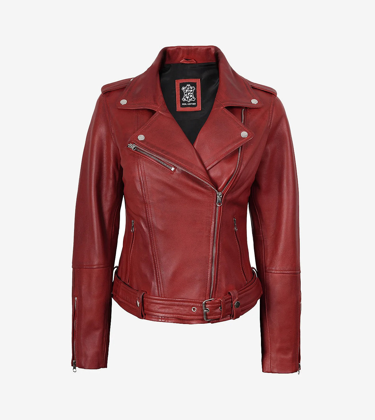 Women'S Red Asymmetrical Belted Biker Style Leather Jacket