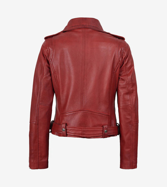 Women'S Red Asymmetrical Belted Biker Style Leather Jacket