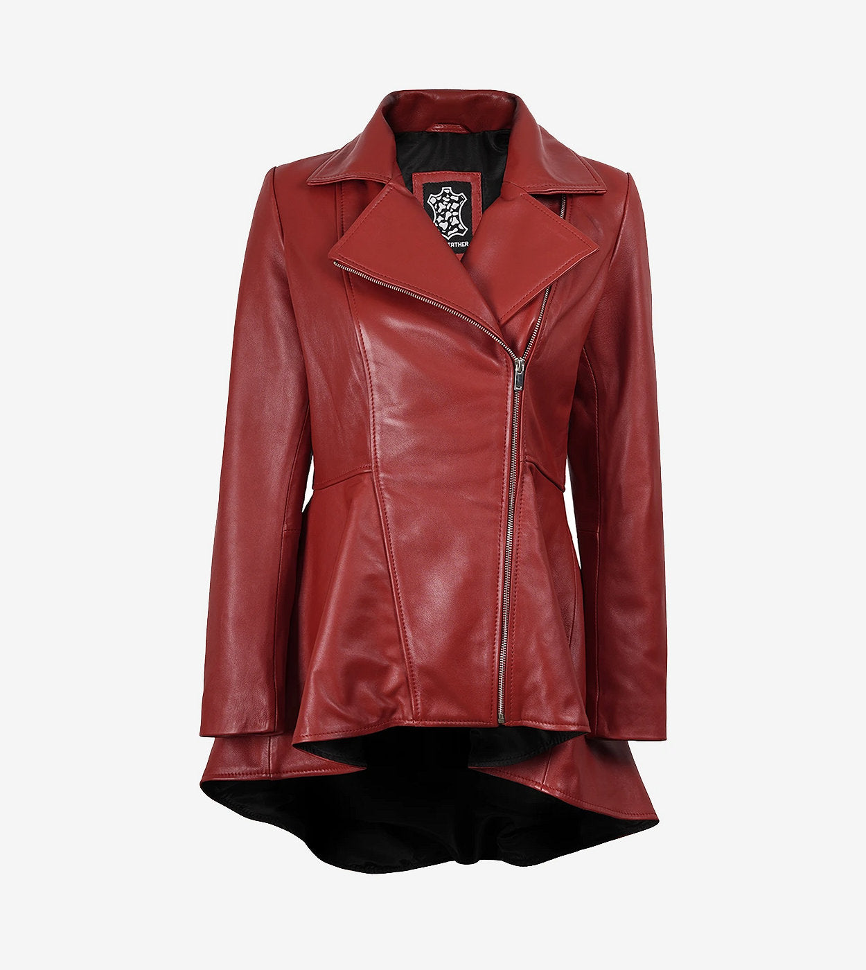 Women'S Red Leather Peplum Jacket With Asymmetrical Zip Closure