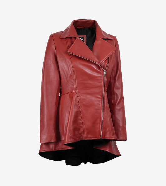 Women'S Red Leather Peplum Jacket With Asymmetrical Zip Closure