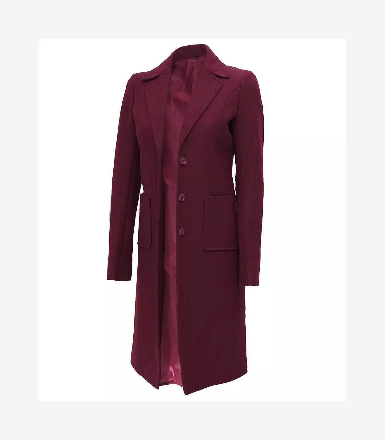 Women'S Single Breasted Maroon Long Wool Coat