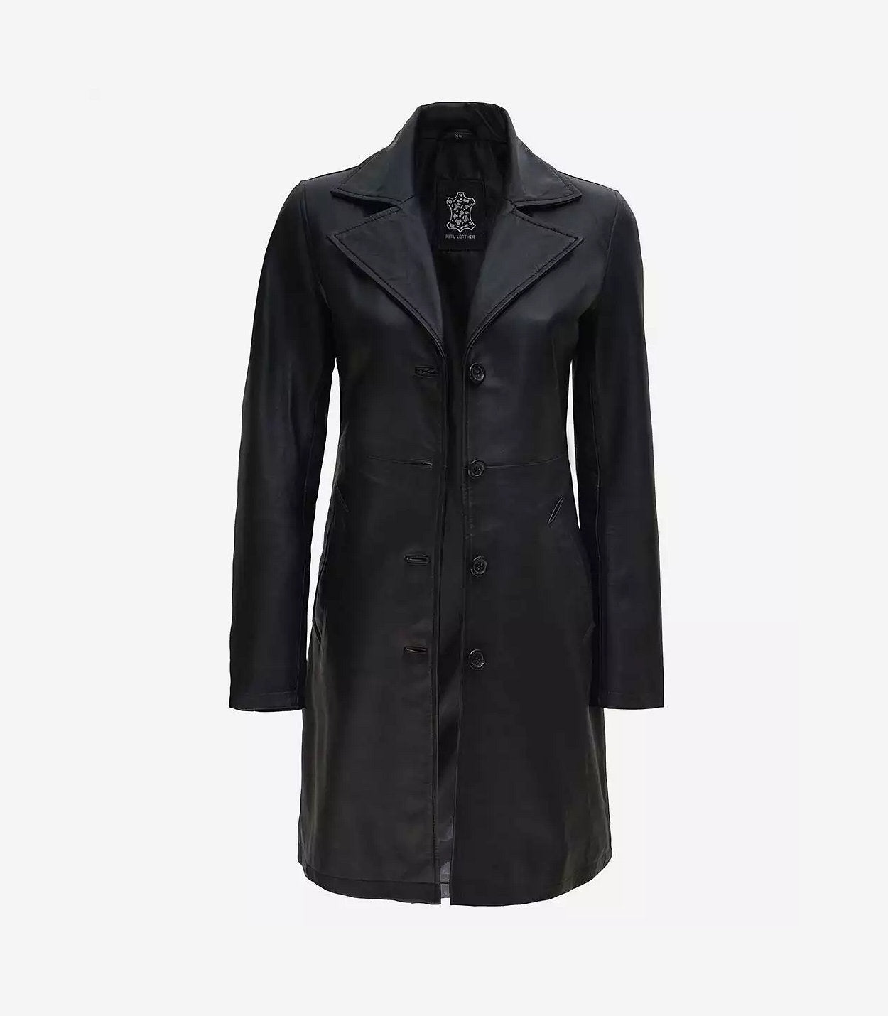 Women'S Tall Black Wide Collar 3/4 Length Leather Coat