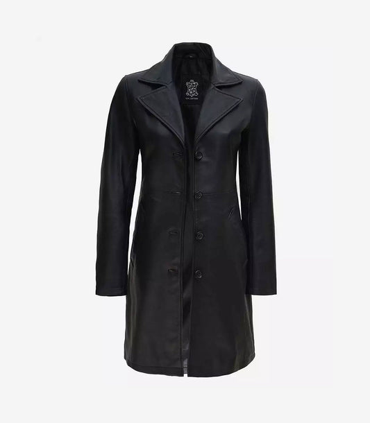 Women'S Tall Black Wide Collar 3/4 Length Leather Coat