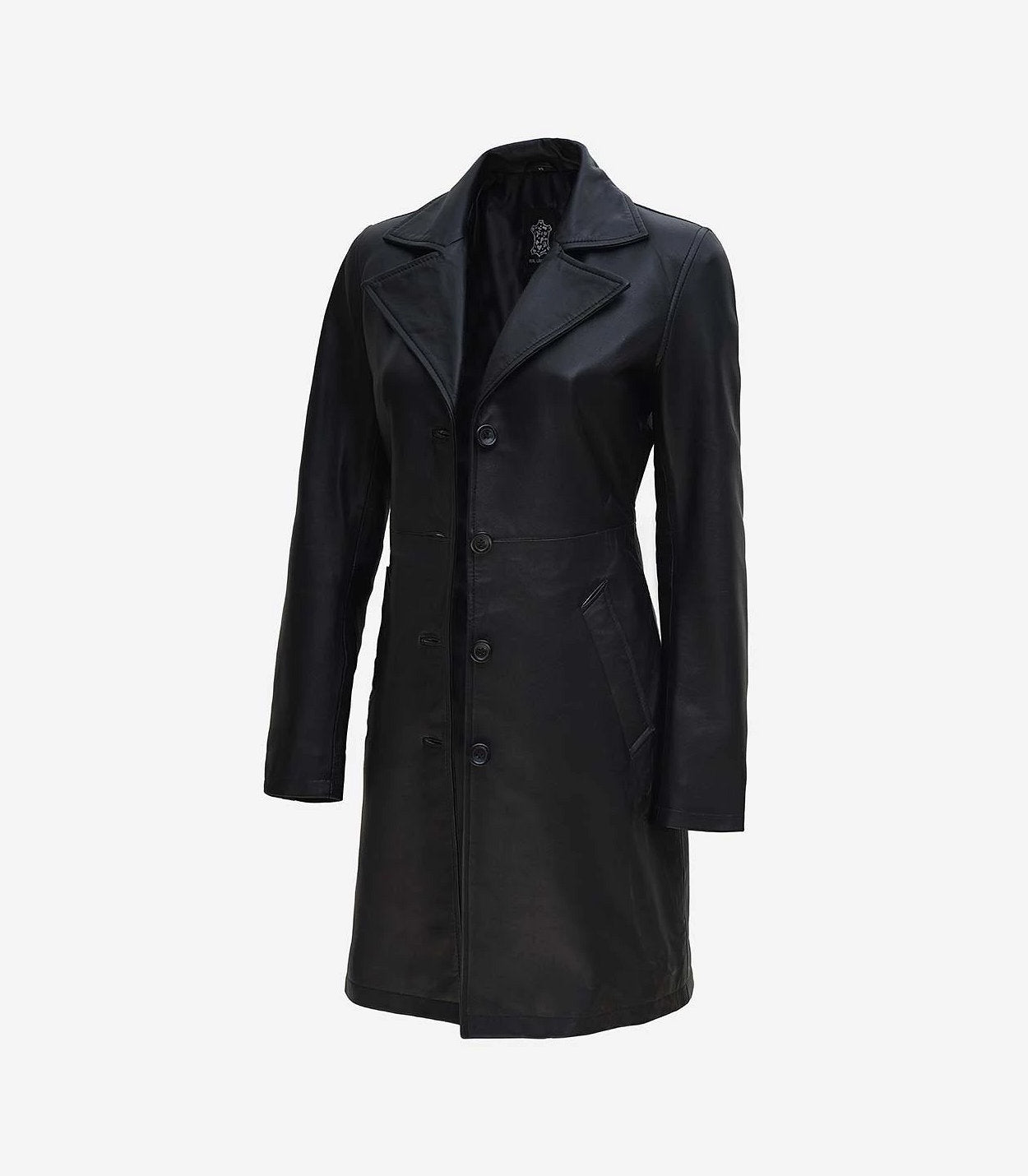 Women'S Tall Black Wide Collar 3/4 Length Leather Coat