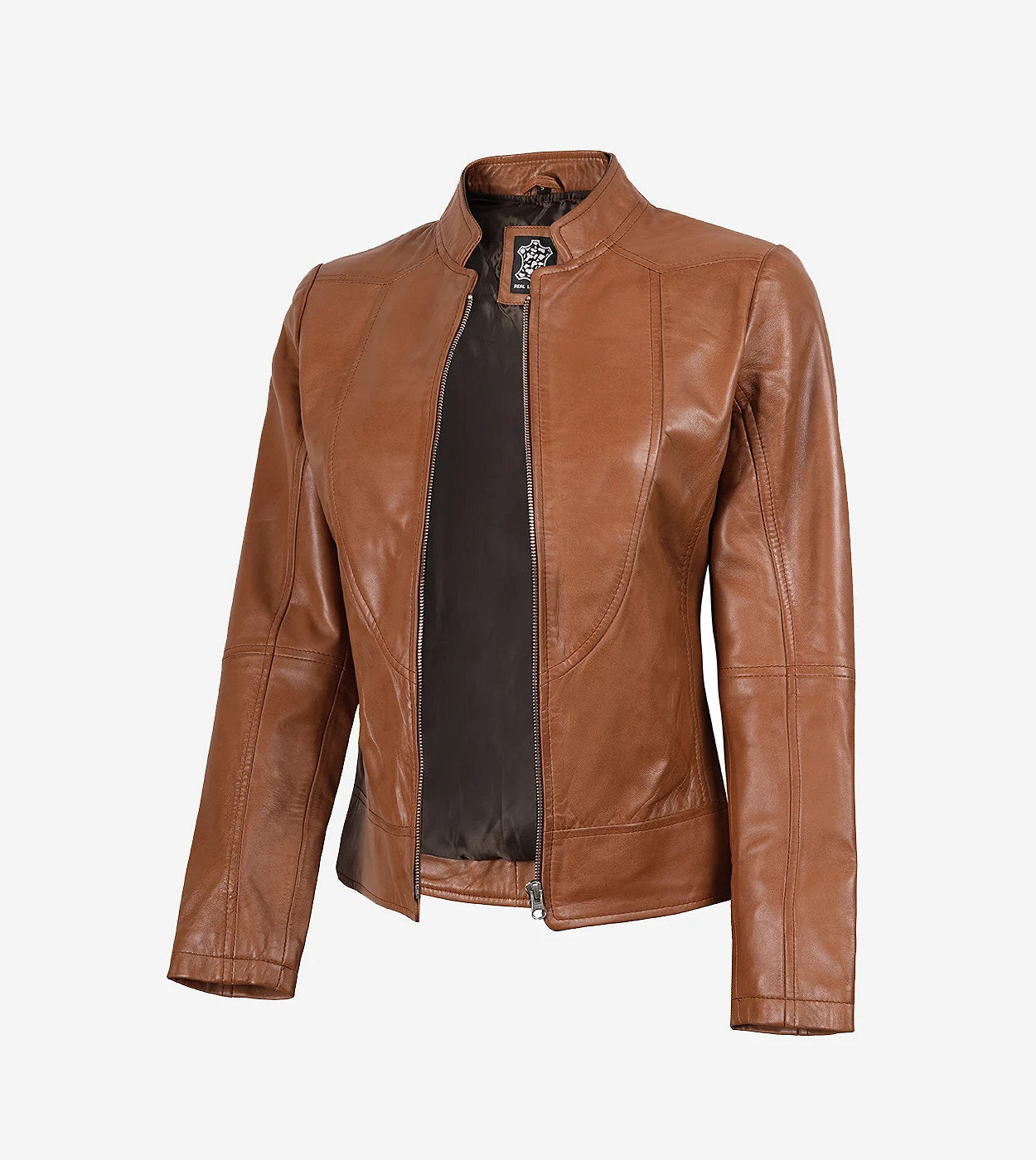 Women'S Tan Waxed Slim Fit Biker Leather Jacket